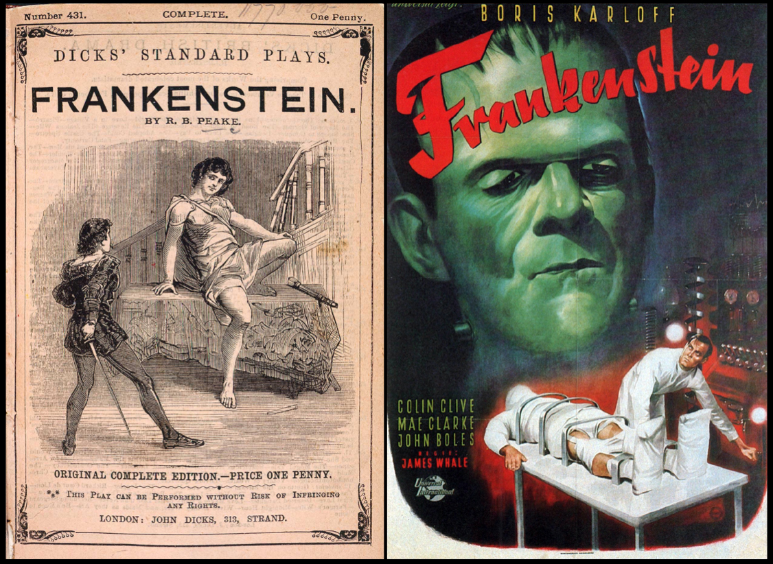 1818년 메리 셸리 원작 프랑켄슈타인 소설과 1931년 보리스 칼로프 주연 영화 포스터 비교 이미지